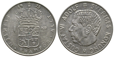 Швеция 1 крона 1973 U, Густав VI Адольф (1950-1973) КМ 826a медь плакированная медно-никелем 176-435