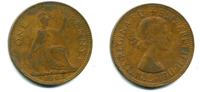Великобритания 1 пенни 1965 Елизавета II (1952-2022) КМ 897, Spink 4157 бронза 57-644