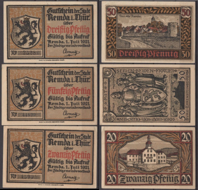 Ремда полный набор из 3 нотгельдов (20, 30 и 50 пфеннигов) 1921 Mehl Grabowski 1115.1a бумага UNC (пресс) 7556-16-3-1