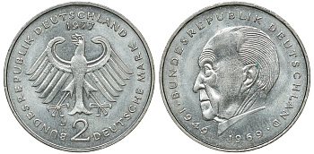 ФРГ 2 МАРКИ 1977 J, КОНРАД АДЕНАУЭР KM 124, J. 406 медно-никель плакированный никелем плакированный никелем UNC 72-516