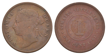 Стрейтс-Сетлментс (Стрейтс Сетлментс) 1 цент 1901 Виктория (1837-1901) KM 16 бронза 4656-311