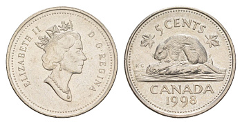 Канада 5 центов 1998 Елизавета II (1952-2022), бобр KM 182 медно-никель 4630-748