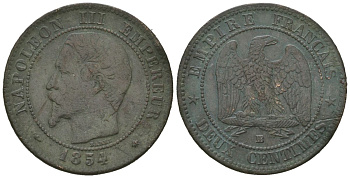 Франция 2 сантима 1854 BB, Наполеон III (1852-1870) KM 776.3 бронза 4615-641