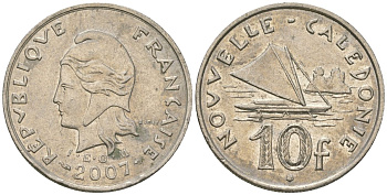 Французская Новая Каледония 10 франков 2007 рыбачья парусная лодка, (IEOM) KM 11a, Schoen 13a, Lec 99k медно-никель 58-454