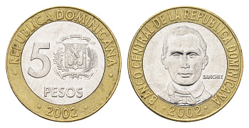 Доминиканская Республика (Доминикана) 5 песо 2002 Санчес KM 89 биметалл 4663-925