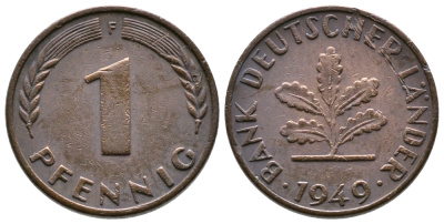 ФРГ 1 ПФЕННИГ 1949 F KM А101, J.376 сталь плакированная медью 177-853