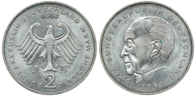 ФРГ 2 МАРКИ 1977 J, КОНРАД АДЕНАУЭР KM 124, J. 406 медно-никель плакированный никелем плакированный никелем UNC 72-516