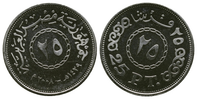ЕГИПЕТ 25 ПИАСТРОВ 2008 KM 990 сталь плакированная никелем aUNC 4382-1117