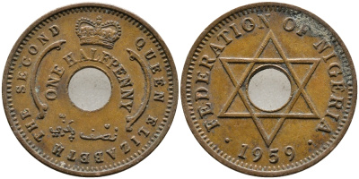 Нигерия 1/2 пенни 1959 Елизавета II (1952-), Британский протекторат KM 1 бронза 4387-427