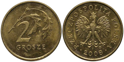 ПОЛЬША 2 ГРОША 2008 MW KM 277 латунь 201-419