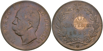 Италия 10 чентезимо 1893 BI - Бирмингем, Умберто I (1878 - 1900) KM 27 медь 4120-843