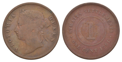 Стрейтс-Сетлментс (Стрейтс Сетлментс) 1 цент 1901 Виктория (1837-1901) KM 16 бронза 4656-311