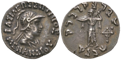 Индо-Греческое Царство драхма 160-145 гг. до н.э. Менандр, голова царя/Афина Алкидемос, 2,44 гр, EF SNG ANS 855 серебро 00-00