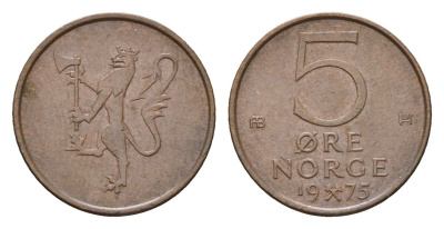 Норвегия 5 эре 1975 Улаф V (1958-1991) KM 415 бронза 188-826