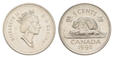 Канада 5 центов 1998 Елизавета II (1952-2022), бобр KM 182 медно-никель 4630-748