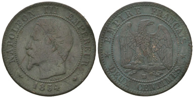 Франция 2 сантима 1854 BB, Наполеон III (1852-1870) KM 776.3 бронза 4615-641