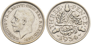 Великобритания 3 пенса 1934 Георг V (1910-1936) KM 831, Spink 4042 серебро 4588-565