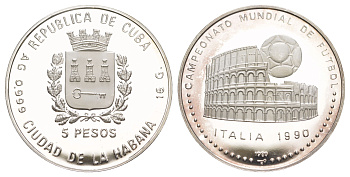 Куба 5 песо 1989 Чемпионат мира по футболу 1990, Италия, Колизей KM 226 серебро PROOF 603-435