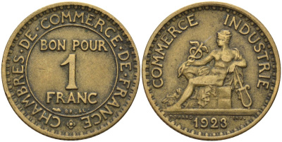 Франция 1 франк 1923 KM 876, Le Franc 218.5 алюминиевая бронза 4142-732