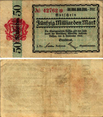 ПАССАУ 50000000000 МАРОК 1923 НОТГЕЛЬД, 3 НОЯБРЯ 1923, ЗЕМЛЯ БАВАРИЯ бумага 8564-47-1-1