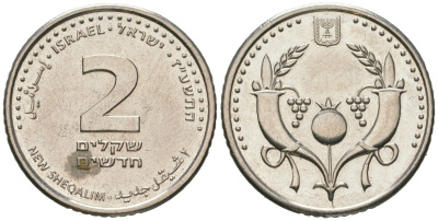 Израиль 2 новых шекеля 2008 JE 5768 KM 433 сталь плакированная никелем aUNC 4606-955