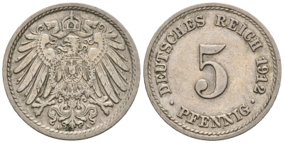 Германия 5 пфеннигов 1912 A, KM 11, J. 12 медно-никель 220-617