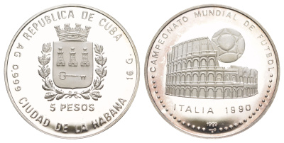 Куба 5 песо 1989 Чемпионат мира по футболу 1990, Италия, Колизей KM 226 серебро PROOF 603-435