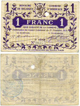 БЕЛЬГИЯ 1 ФРАНК 1914 НОТГЕЛЬД, ВТОРАЯ СЕРИЯ, КОММУНА ГОРОДА ЭРСО бумага 7523-38-3-1
