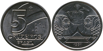 Бразилия 5 крузейро 1991 KM 618.1, Schon 127 нержавеющая сталь 4519-552