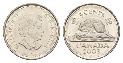 Канада 5 центов 2003 P, Елизавета II (1952-2022), бобр KM 491 сталь плакированная никелем UNC 4630-755