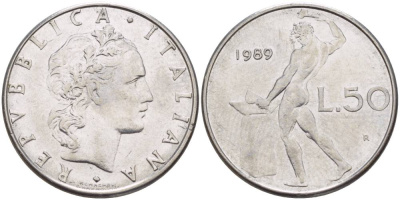 ИТАЛИЯ 50 ЛИР 1989 R, БОГ ОГНЯ ВУЛКАН У НАКОВАЛЬНИ KM 95.1 нержавеющая сталь 4551-422