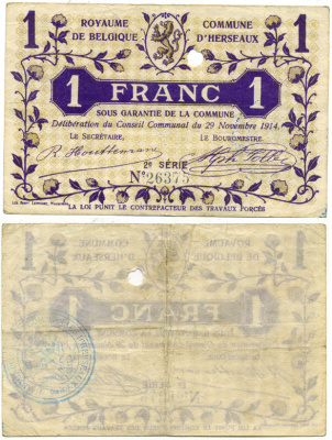 БЕЛЬГИЯ 1 ФРАНК 1914 НОТГЕЛЬД, ВТОРАЯ СЕРИЯ, КОММУНА ГОРОДА ЭРСО бумага 7523-38-3-1