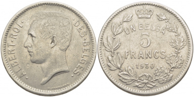 БЕЛЬГИЯ 5 ФРАНКОВ 1930 BELGES KM 97.1 никель 114-841