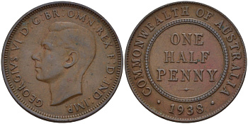 АВСТРАЛИЯ 1/2 ПЕННИ 1938 ГЕОРГ VI KM 35 бронза 67-1226