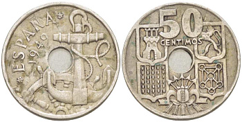 ИСПАНИЯ 50 СЕНТИМО 1949 (62) ФРАНСИСКО ФРАНКО ДИКТАТОР ИСПАНИИ (1939-1975), МОРСКАЯ АТРИБУТИКА KM 777 медно-никель 210-1113