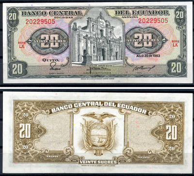Эквадор 20 сукре 1983 Церковь Общества Иисуса, серия LK Pick 115 b (1983 (7))  бумага  UNC (пресс) 6294-64-2-1