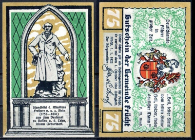 Фрюхт (Пруссия, Гессен-Нассау) 75 пфеннигов 1922 Mehl Grabowski 399.1-3/3 бумага UNC (пресс) 7555-20-2-2