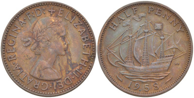 Великобритания 1/2 пенни 1958 Елизавета II (1952-2022) KM 896, Spink 4158 бронза 117-221