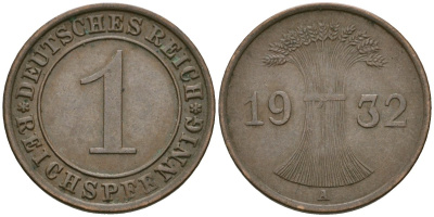 Германия 1 рейхспфенниг 1932 A KM 37, J. 313 бронза 4189-1149