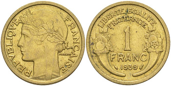 Франция 1 франк 1939 тип Морлон KM 885, LE FRANC 219.10 алюминиевая бронза 3853-151