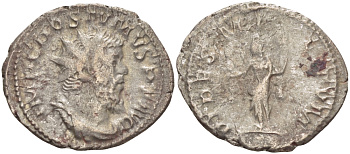 Римская Империя (императоры в Галлии) антониниан 260 - 269 Постум. IMP C POSTVMVS P F AVG / FIDES MILITVM, Фидея, персонификация Верности, с боевыми штандартами, Колония Агриппины, Very fine RIC 59 биллон 1073-12-55