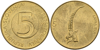 Словения 5 толаров 1992 ибекс, альпийский горный козёл KM 6 латунь 4556-1243