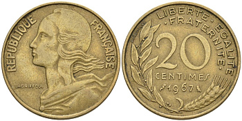 ФРАНЦИЯ 20 САНТИМОВ 1967 ТИП MARIANNE KM 930, LE FRANC 156.7 медь алюминий никель 4573-1037