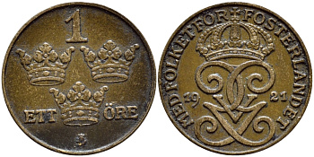 Швеция 1 эре 1921 Густав V (1907-1950) KM 777.2 бронза 4396-167