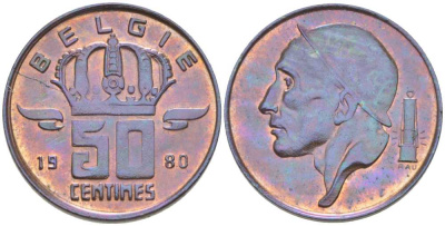 БЕЛЬГИЯ 50 САНТИМОВ 1980 BELGIE, БОДУЭН I (1951-1993) KM 149.1 бронза 214-224