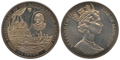 ОСТРОВ МЭН 1 КРОНА 1989 200 ЛЕТ МЯТЕЖУ НА ПАРУСНИКЕ БАУНТИ, КАПИТАН БЛАЙ С ВЕРНЫМИ МАТРОСАМИ ПОКИДАЕТ ПАРУСНИК НА ШЛЮПКЕ KM 242 медно-никель UNC 00-00