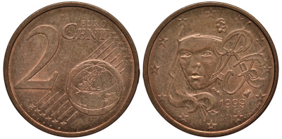 Франция 2 евроцента 1999 KM 1283 сталь плакированная медью 4181-438