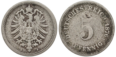 Германия 5 пфеннигов 1876 A, старогербовка KM 3, J. 3 медно-никель 51-3325