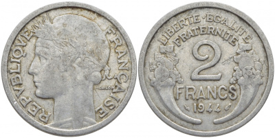 ФРАНЦИЯ 2 ФРАНКА 1944 KM 886а.1 алюминий 114-745