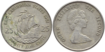 Восточно-Карибские штаты 25 центов 1981 Елизавета II (1952-2022), парусник KM 14 медно-никель 87-731